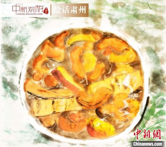 圖為酒泉美食“糊鍋”繪畫作品?！《排d彥 攝