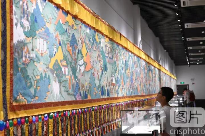 圖為一名小朋友觀看唐卡《涼州會(huì)盟》。 中新社記者 戴文昌 攝
