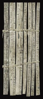 漢簡(jiǎn)《康居王使者冊(cè)》。此簡(jiǎn)記載了西域康居國(guó)使者前來(lái)“進(jìn)貢”駱駝，抵達(dá)敦煌遇到不公后反映問(wèn)題，朝廷受理解決的經(jīng)過(guò)。新華社發(fā)（甘肅簡(jiǎn)牘博物館供圖）